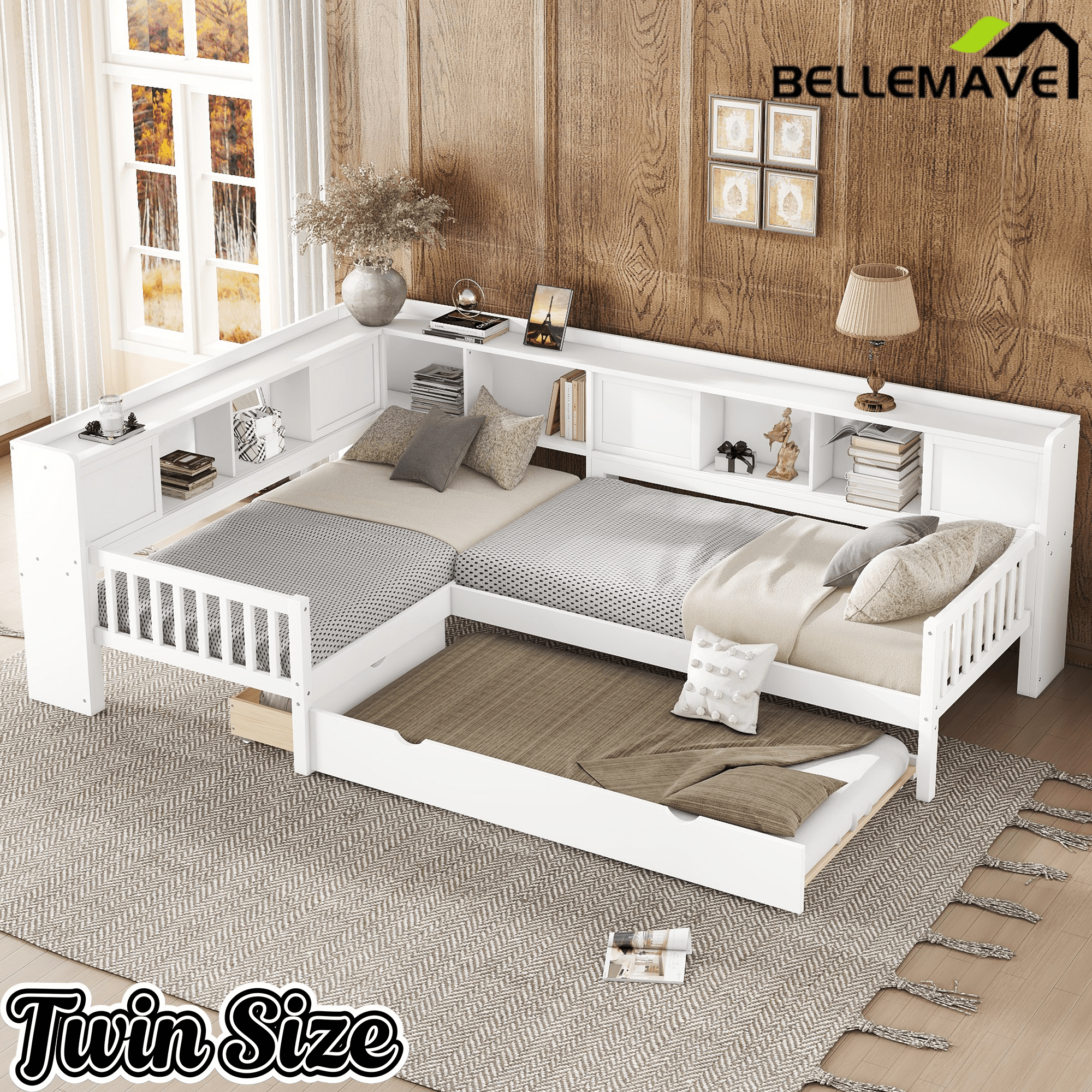 Bellemave® L Shaped Corner Bed for 2 Kids, Double Twin Platform Bed Frame with Trundle and Shelves, White - Bellemave