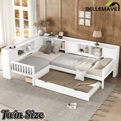 Bellemave® L Shaped Corner Bed for 2 Kids, Double Twin Platform Bed Frame with Trundle and Shelves, White - Bellemave