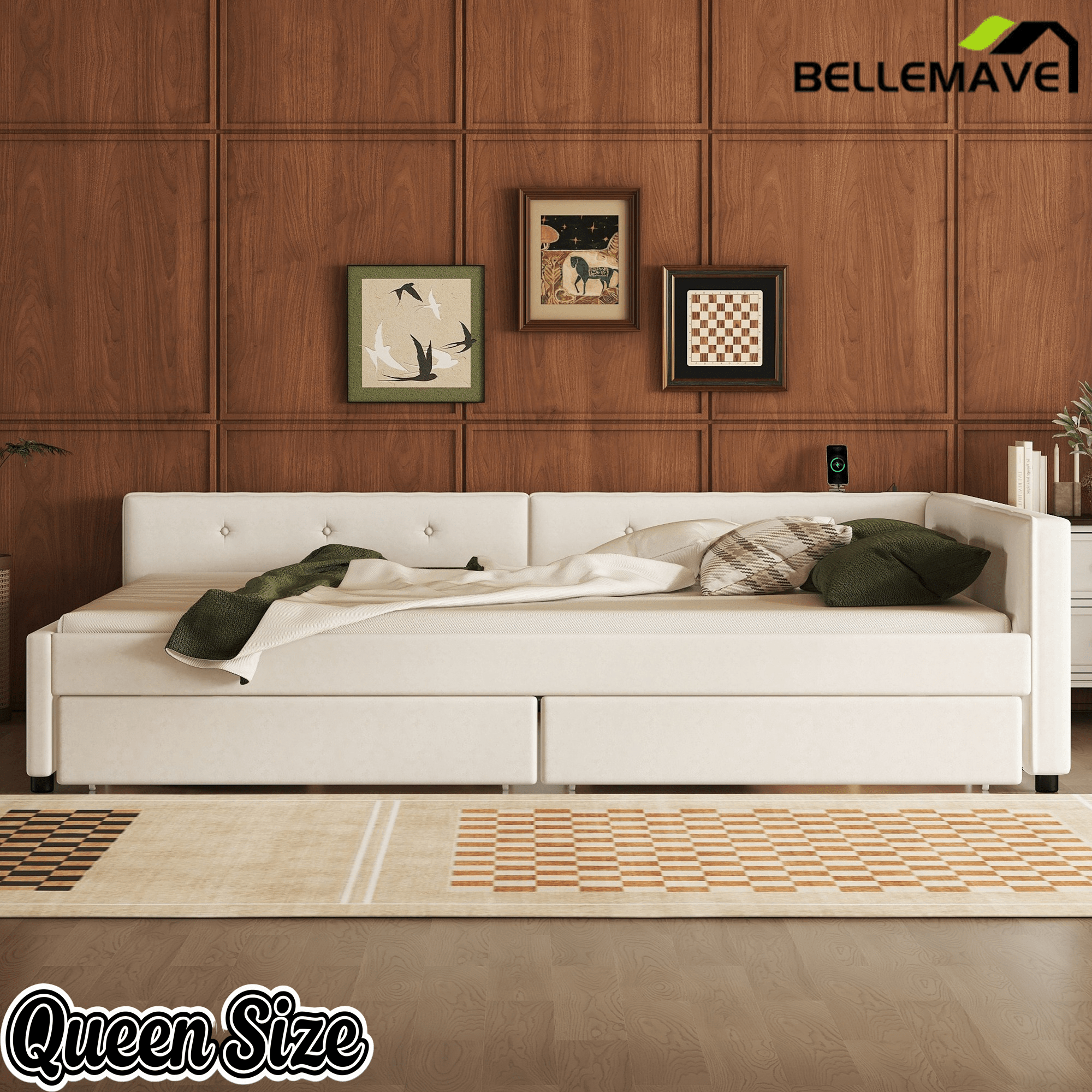Bellemave® L - Shaped Daybed with 2 Drawers & USB Port – Linen Tufted Upholstered Sofa Bed, Beige - Bellemave