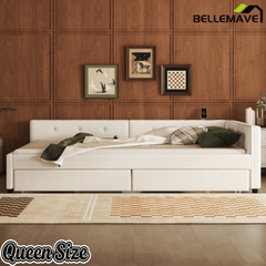 Bellemave® L - Shaped Daybed with 2 Drawers & USB Port – Linen Tufted Upholstered Sofa Bed, Beige - Bellemave