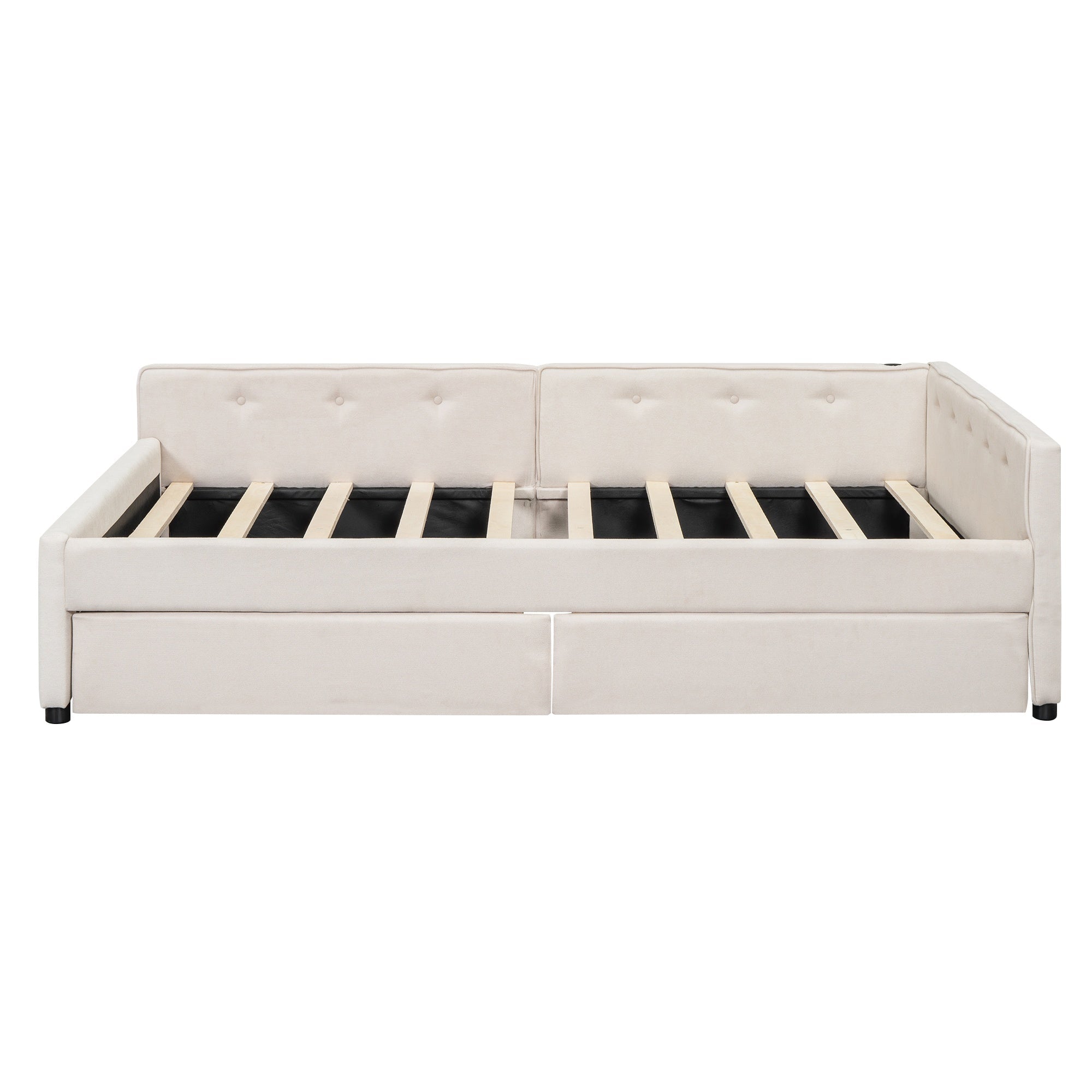 Bellemave® L - Shaped Daybed with 2 Drawers & USB Port – Linen Tufted Upholstered Sofa Bed, Beige - Bellemave