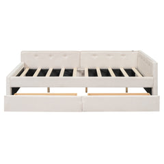 Bellemave® L - Shaped Daybed with 2 Drawers & USB Port – Linen Tufted Upholstered Sofa Bed, Beige - Bellemave