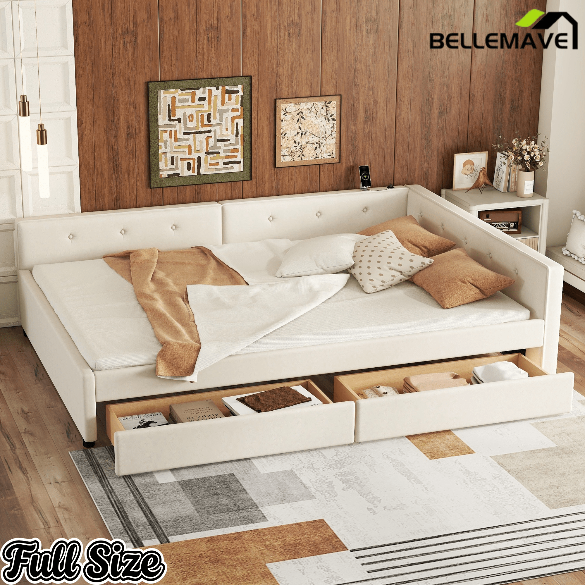 Bellemave® L - Shaped Daybed with 2 Drawers & USB Port – Linen Tufted Upholstered Sofa Bed, Beige - Bellemave