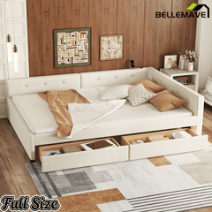 Bellemave® L - Shaped Daybed with 2 Drawers & USB Port – Linen Tufted Upholstered Sofa Bed, Beige - Bellemave