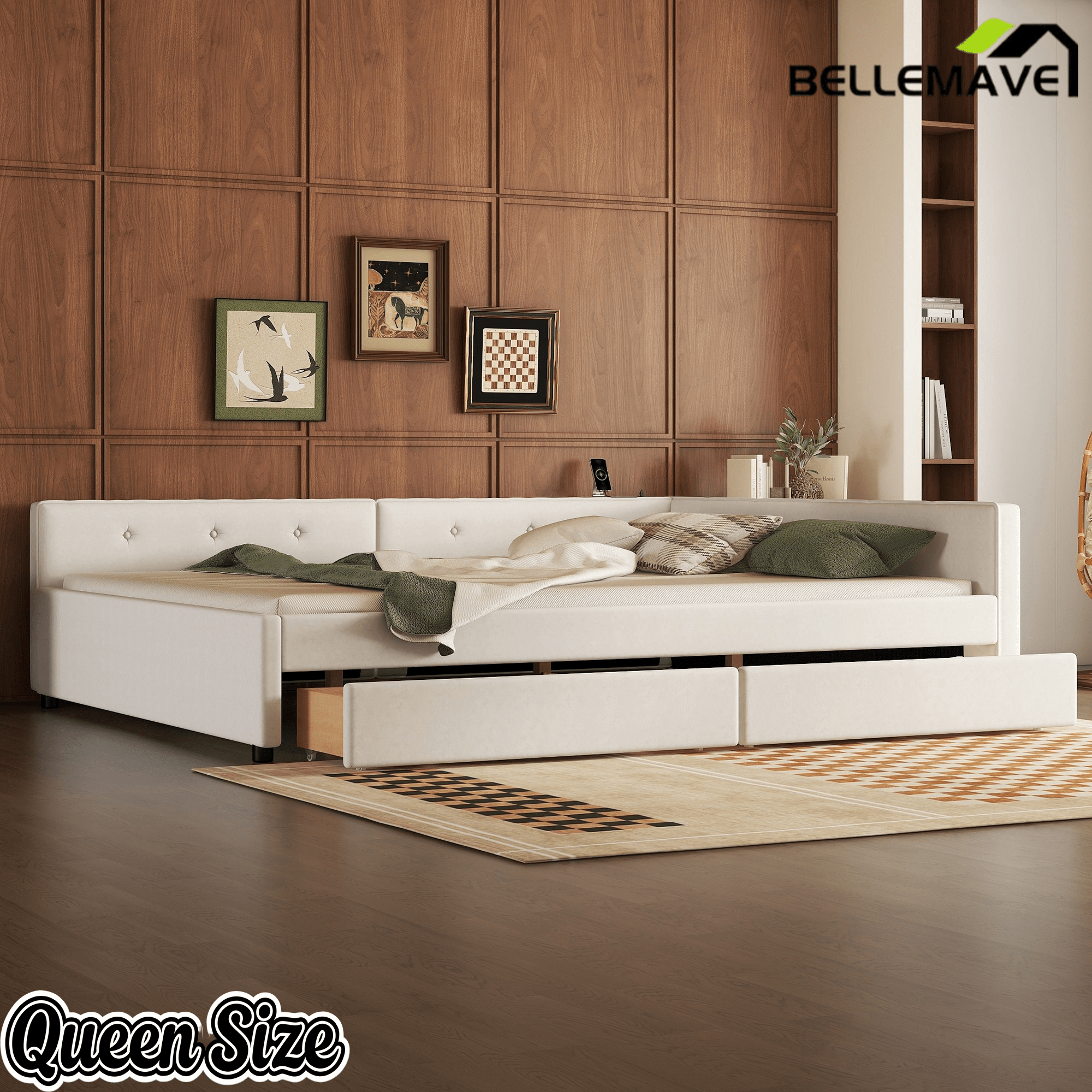 Bellemave® L - Shaped Daybed with 2 Drawers & USB Port – Linen Tufted Upholstered Sofa Bed, Beige - Bellemave