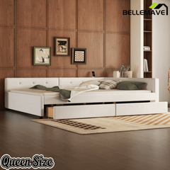 Bellemave® L - Shaped Daybed with 2 Drawers & USB Port – Linen Tufted Upholstered Sofa Bed, Beige - Bellemave