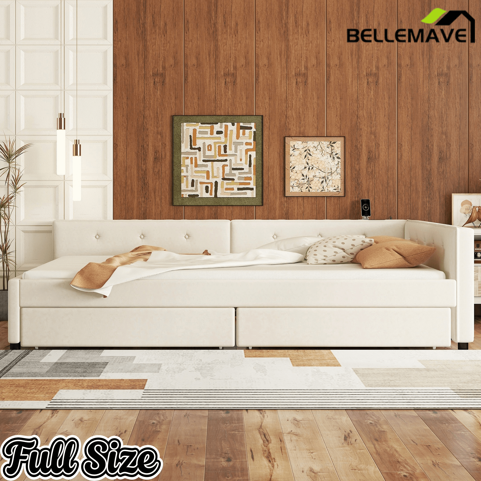 Bellemave® L - Shaped Daybed with 2 Drawers & USB Port – Linen Tufted Upholstered Sofa Bed, Beige - Bellemave