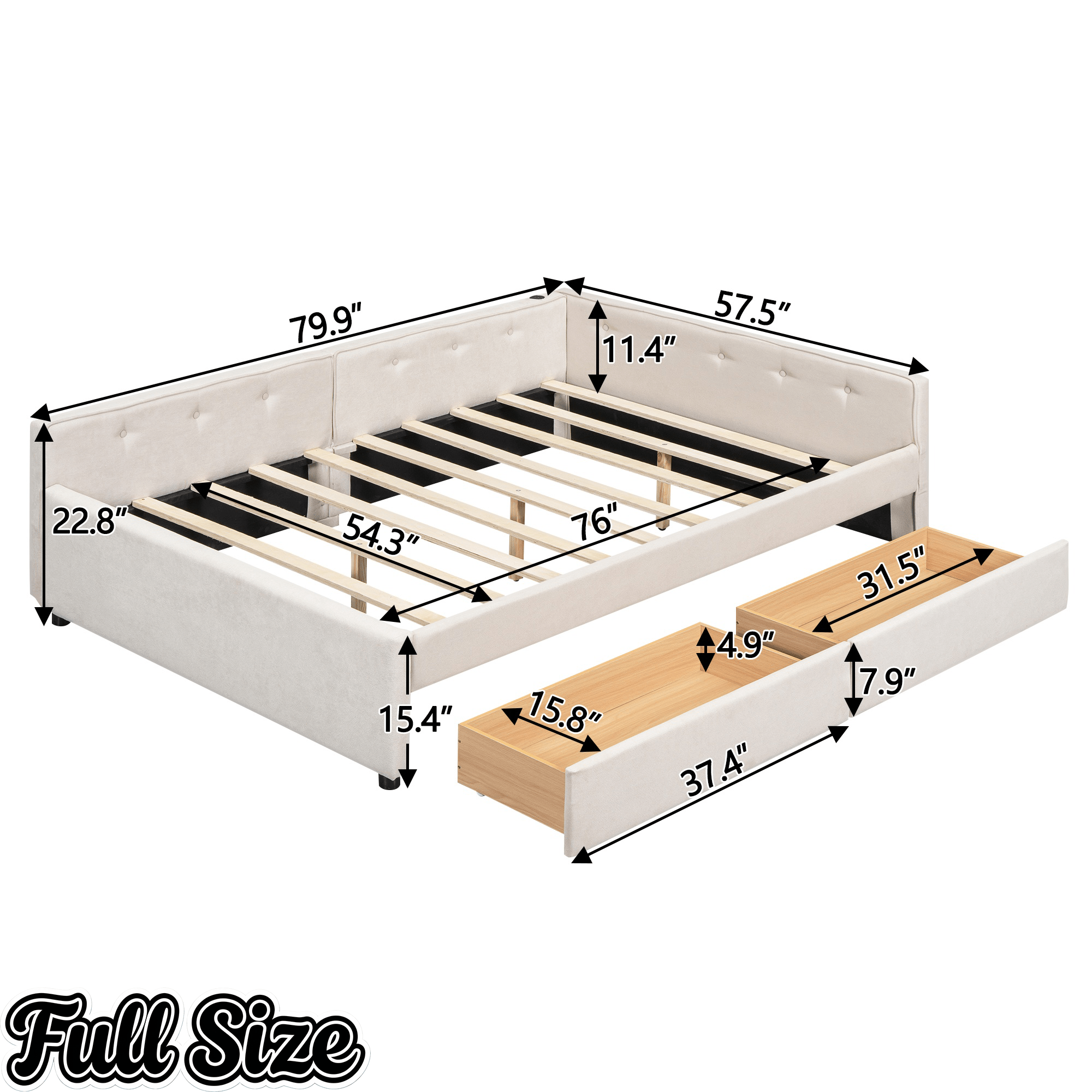 Bellemave® L - Shaped Daybed with 2 Drawers & USB Port – Linen Tufted Upholstered Sofa Bed, Beige - Bellemave