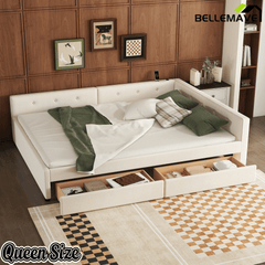 Bellemave® L - Shaped Daybed with 2 Drawers & USB Port – Linen Tufted Upholstered Sofa Bed, Beige - Bellemave