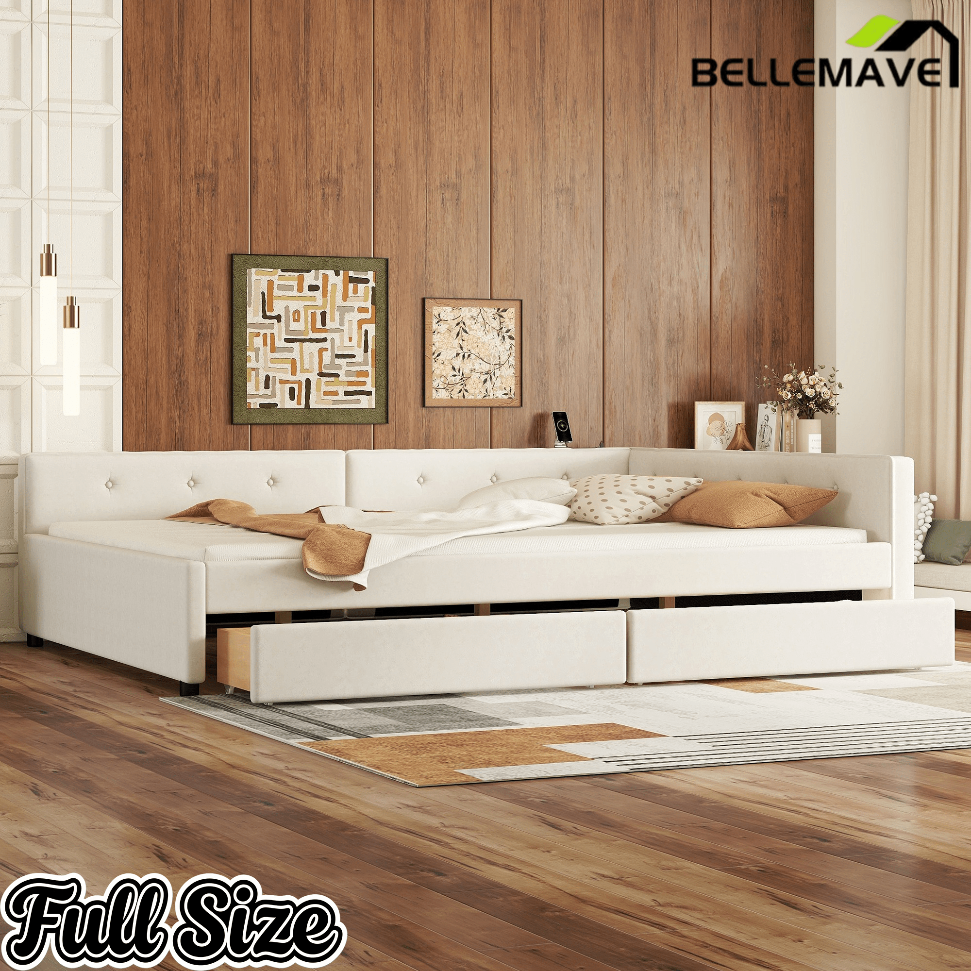 Bellemave® L - Shaped Daybed with 2 Drawers & USB Port – Linen Tufted Upholstered Sofa Bed, Beige - Bellemave