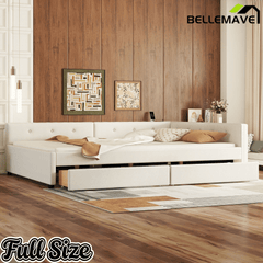 Bellemave® L - Shaped Daybed with 2 Drawers & USB Port – Linen Tufted Upholstered Sofa Bed, Beige - Bellemave