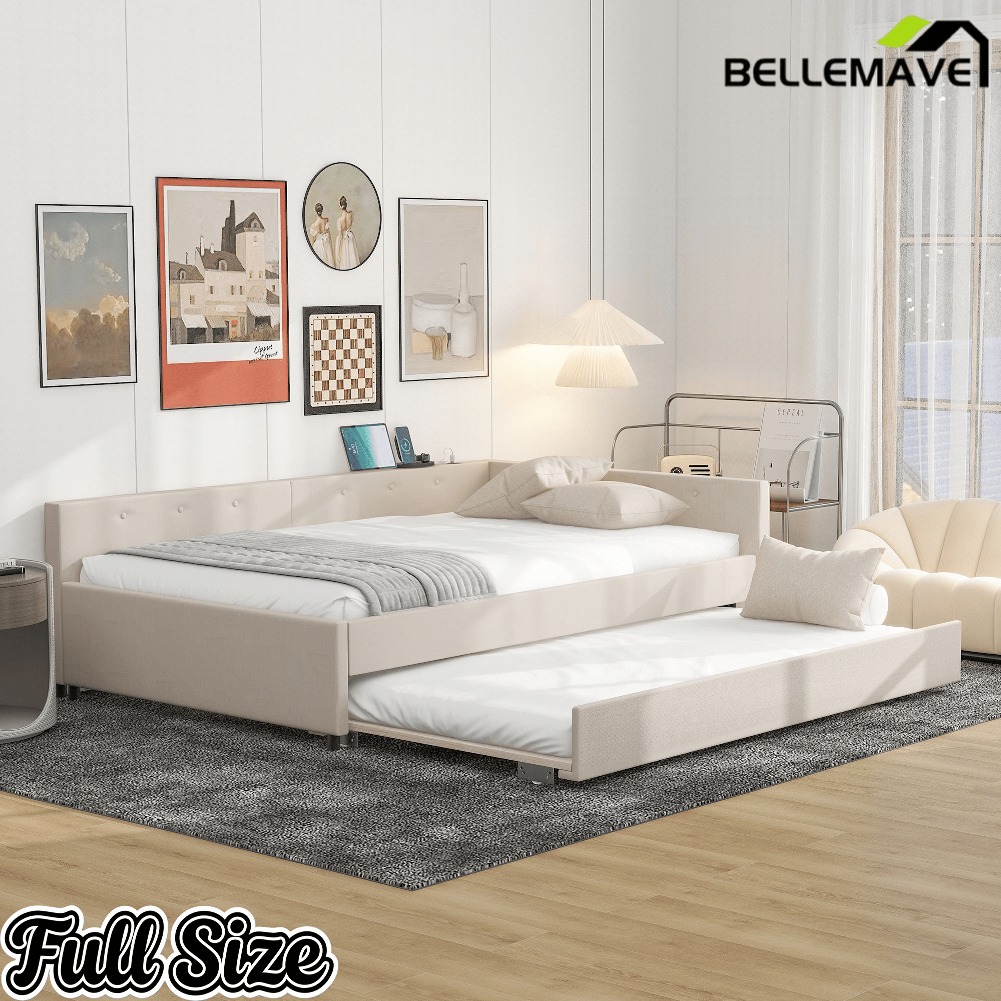 Bellemave® L - Shaped Daybed with Trundle & USB Port – Linen Tufted Upholstered Sofa Bed, Beige - Bellemave