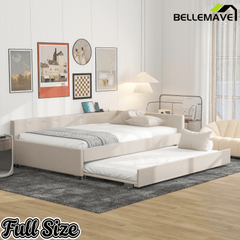 Bellemave® L - Shaped Daybed with Trundle & USB Port – Linen Tufted Upholstered Sofa Bed, Beige - Bellemave