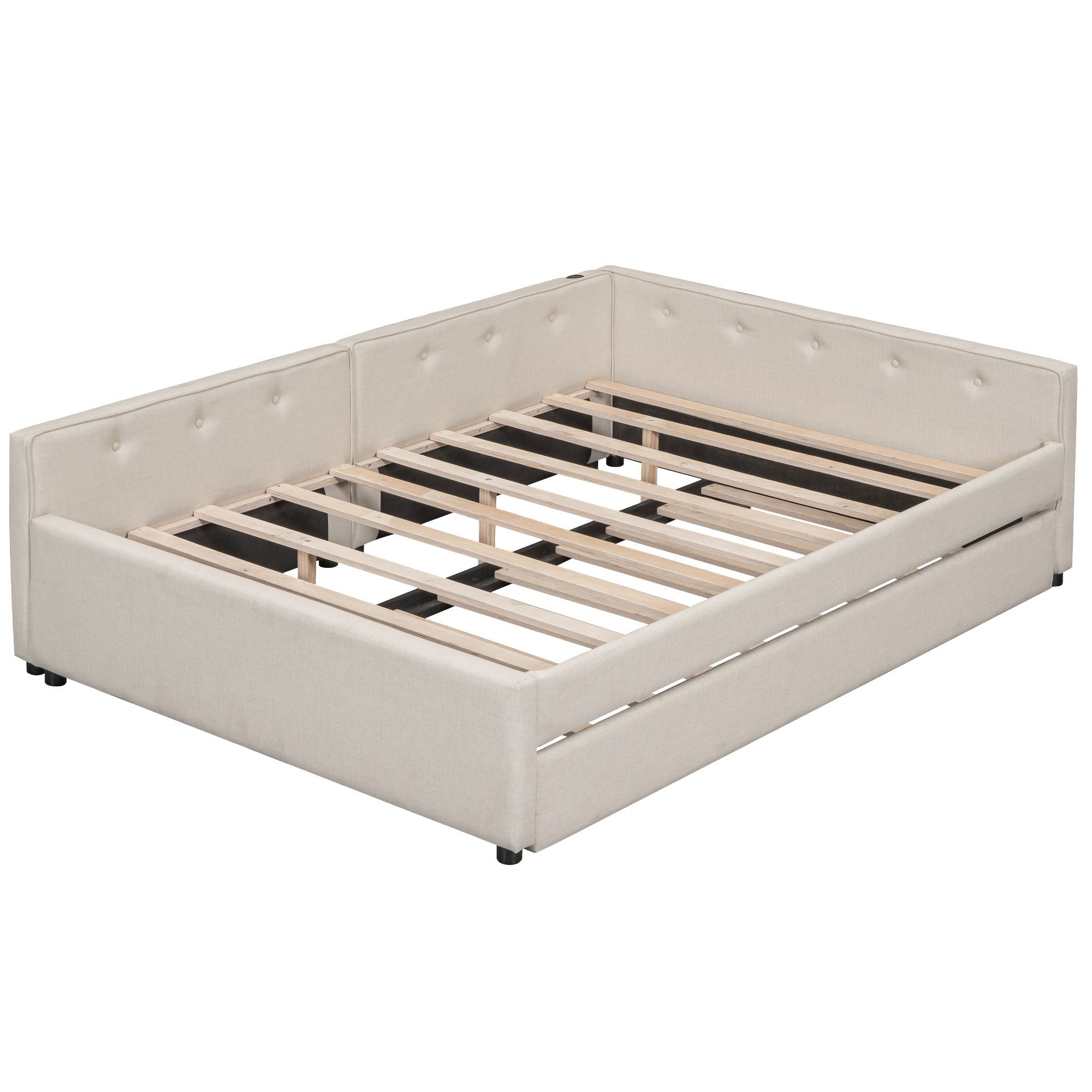 Bellemave® L - Shaped Daybed with Trundle & USB Port – Linen Tufted Upholstered Sofa Bed, Beige - Bellemave