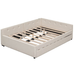 Bellemave® L - Shaped Daybed with Trundle & USB Port – Linen Tufted Upholstered Sofa Bed, Beige - Bellemave