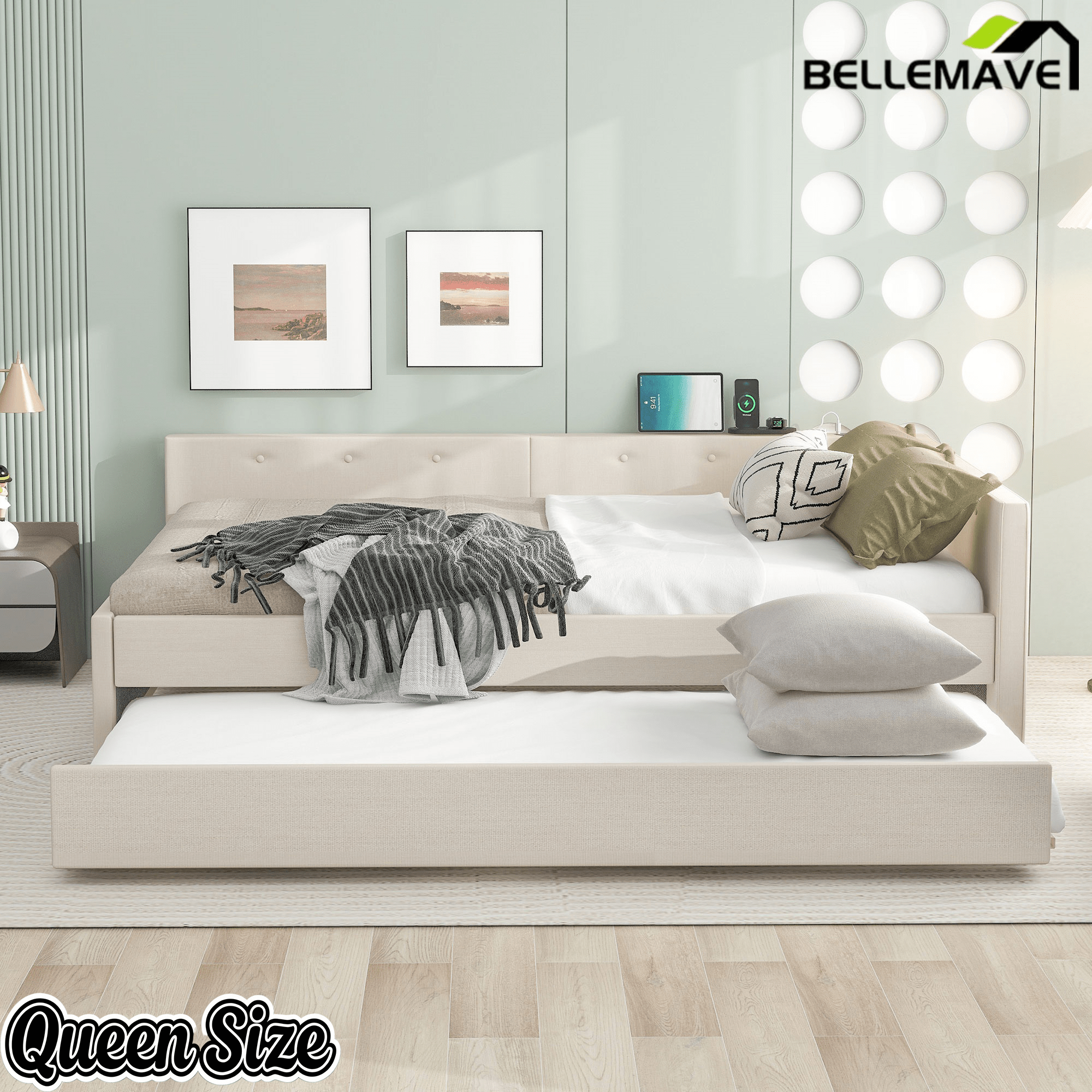 Bellemave® L - Shaped Daybed with Trundle & USB Port – Linen Tufted Upholstered Sofa Bed, Beige - Bellemave