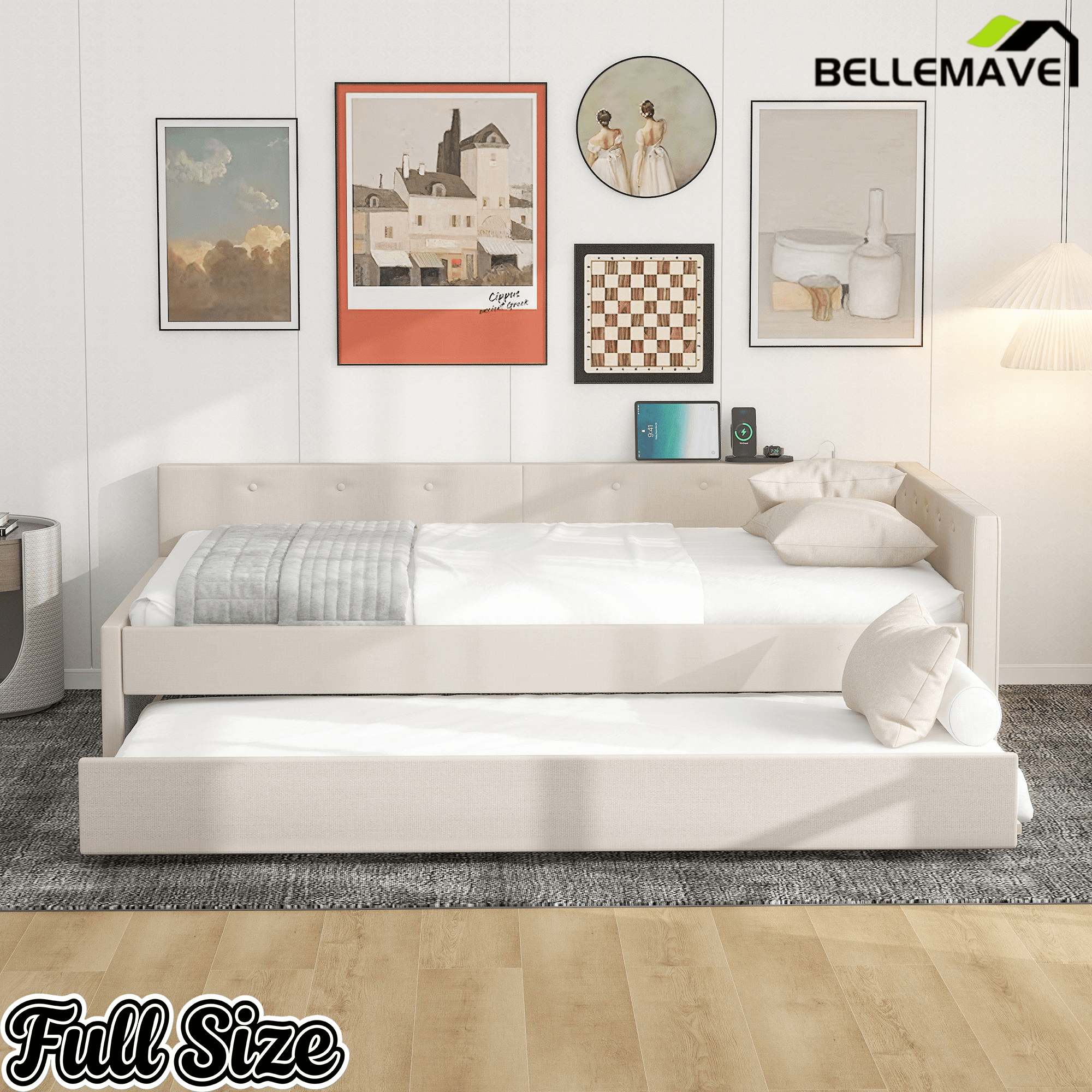Bellemave® L - Shaped Daybed with Trundle & USB Port – Linen Tufted Upholstered Sofa Bed, Beige - Bellemave