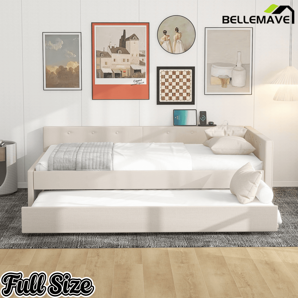 Bellemave® L - Shaped Daybed with Trundle & USB Port – Linen Tufted Upholstered Sofa Bed, Beige - Bellemave