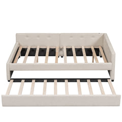 Bellemave® L - Shaped Daybed with Trundle & USB Port – Linen Tufted Upholstered Sofa Bed, Beige - Bellemave