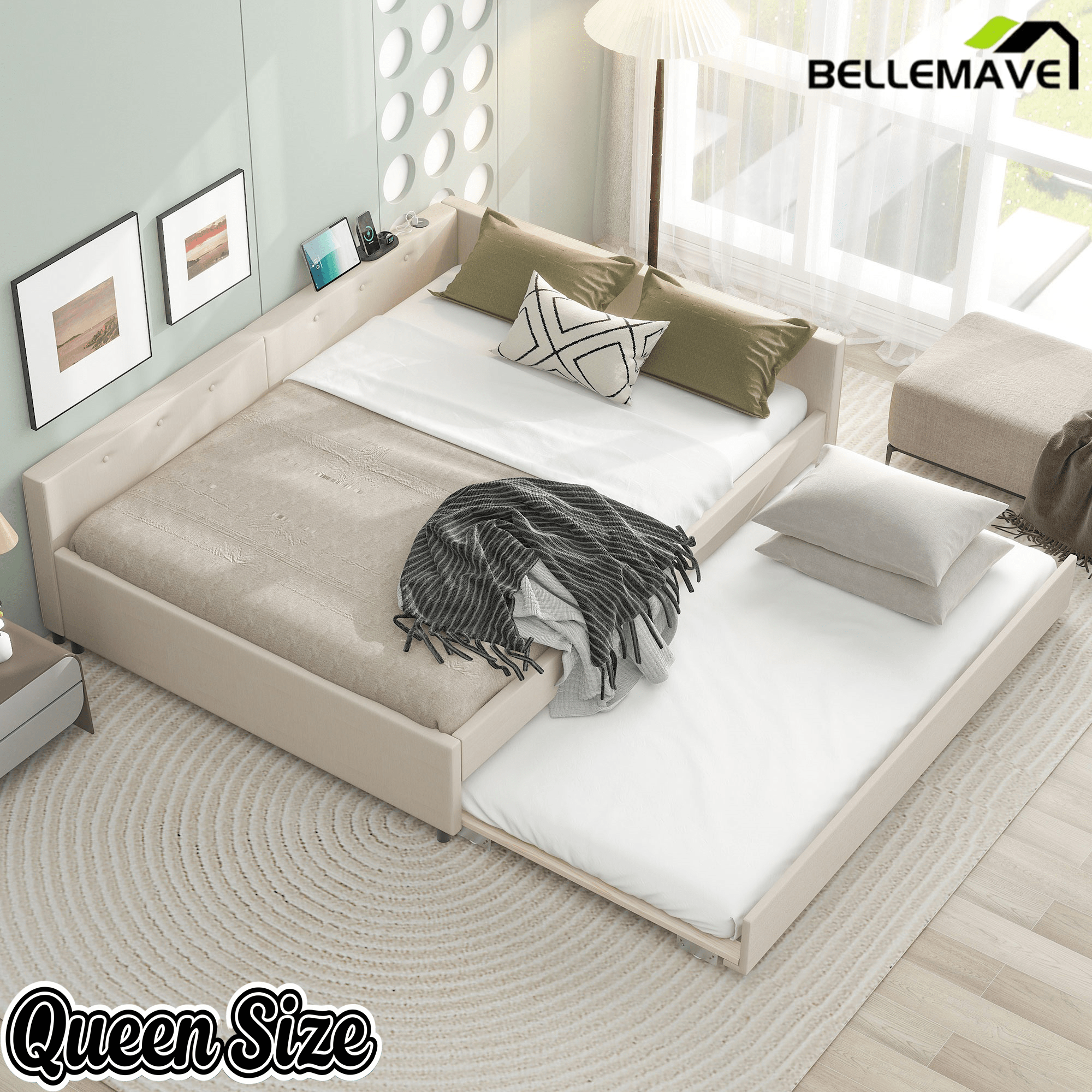 Bellemave® L - Shaped Daybed with Trundle & USB Port – Linen Tufted Upholstered Sofa Bed, Beige - Bellemave