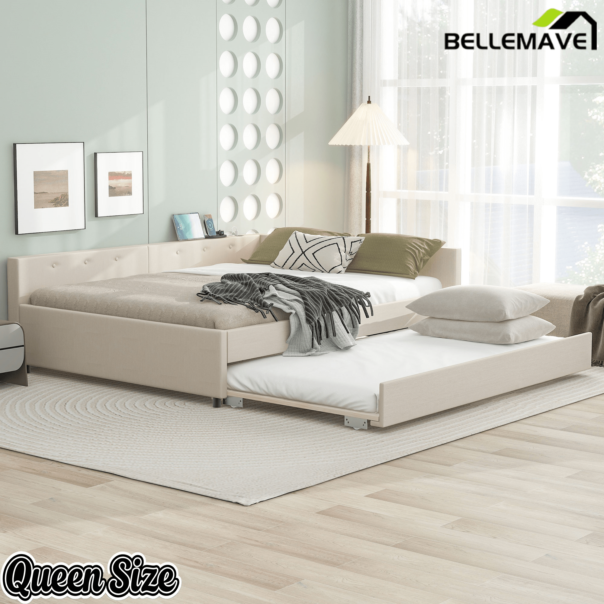 Bellemave® L - Shaped Daybed with Trundle & USB Port – Linen Tufted Upholstered Sofa Bed, Beige - Bellemave