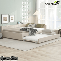 Bellemave® L - Shaped Daybed with Trundle & USB Port – Linen Tufted Upholstered Sofa Bed, Beige - Bellemave