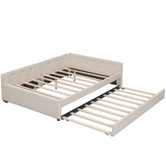 Bellemave® L - Shaped Daybed with Trundle & USB Port – Linen Tufted Upholstered Sofa Bed, Beige - Bellemave