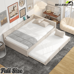 Bellemave® L - Shaped Daybed with Trundle & USB Port – Linen Tufted Upholstered Sofa Bed, Beige - Bellemave