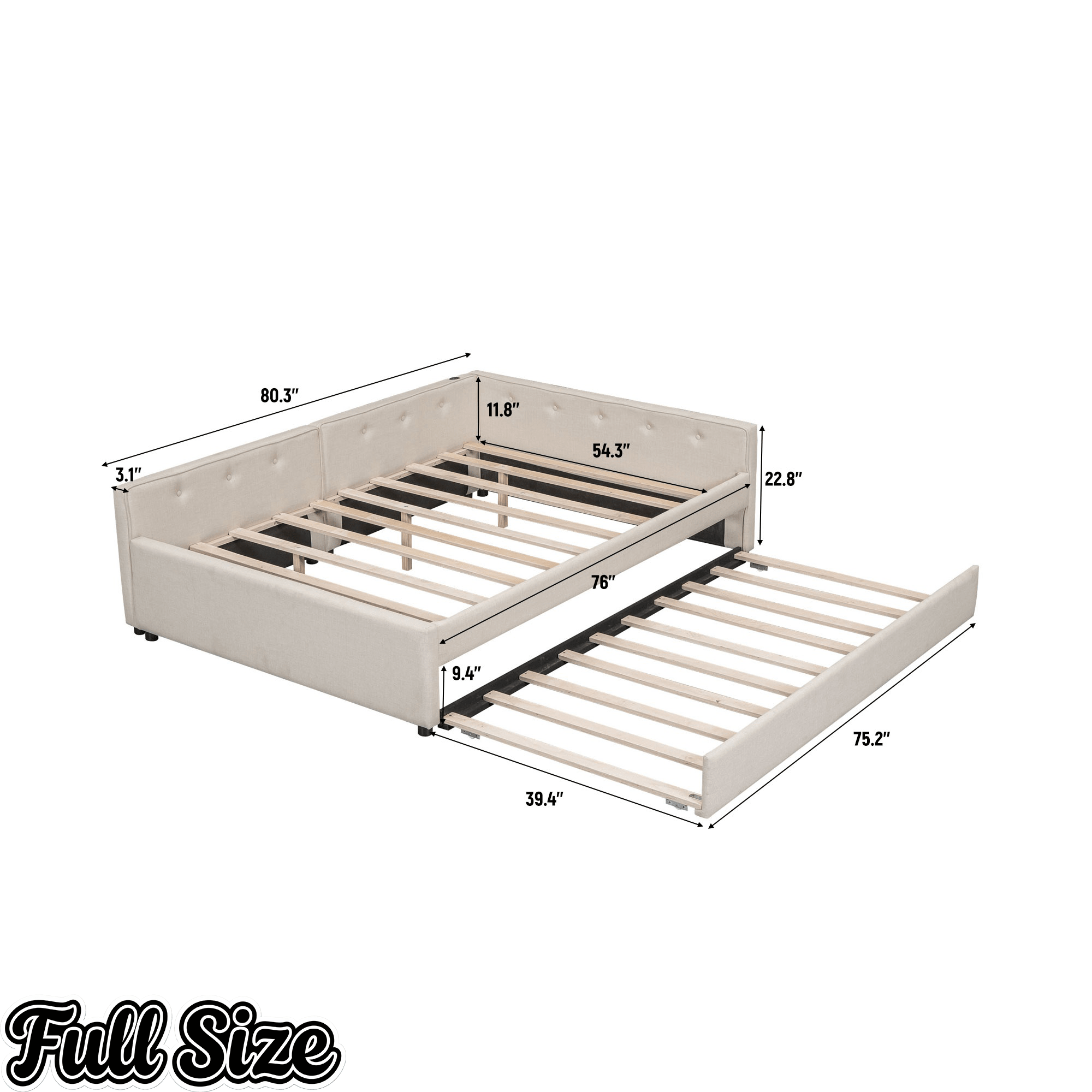 Bellemave® L - Shaped Daybed with Trundle & USB Port – Linen Tufted Upholstered Sofa Bed, Beige - Bellemave