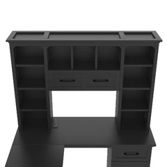 Bellemave® L Shaped Executive Desk, Farmhouse L Desk with USB, Home Office Table with Storage Cabinet and Shelf, Farmhouse Corner Table with Drawers,Black - Bellemave