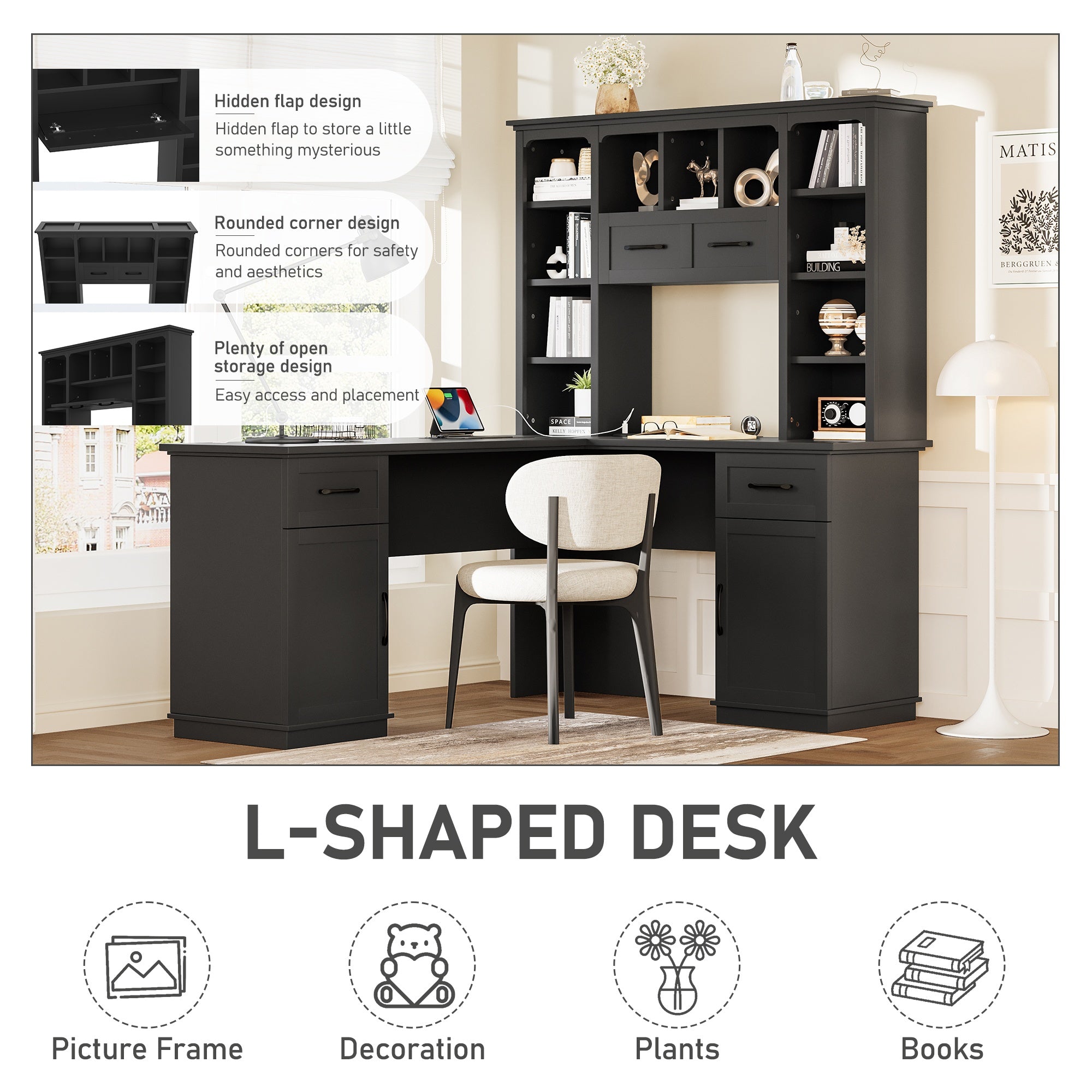 Bellemave® L Shaped Executive Desk, Farmhouse L Desk with USB, Home Office Table with Storage Cabinet and Shelf, Farmhouse Corner Table with Drawers,Black - Bellemave