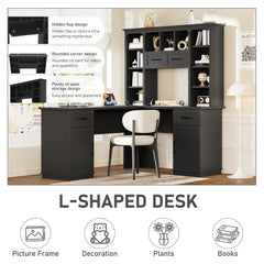 Bellemave® L Shaped Executive Desk, Farmhouse L Desk with USB, Home Office Table with Storage Cabinet and Shelf, Farmhouse Corner Table with Drawers,Black - Bellemave