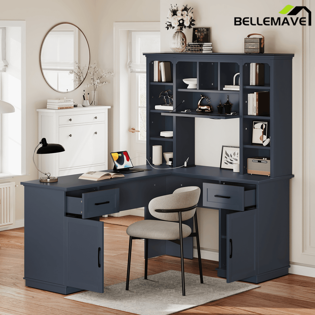 Bellemave® L Shaped Executive Desk, Farmhouse L Desk with USB, Home Office Table with Storage Cabinet and Shelf, Farmhouse Corner Table with Drawers,Black - Bellemave