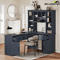 Bellemave® L Shaped Executive Desk, Farmhouse L Desk with USB, Home Office Table with Storage Cabinet and Shelf, Farmhouse Corner Table with Drawers,Black - Bellemave