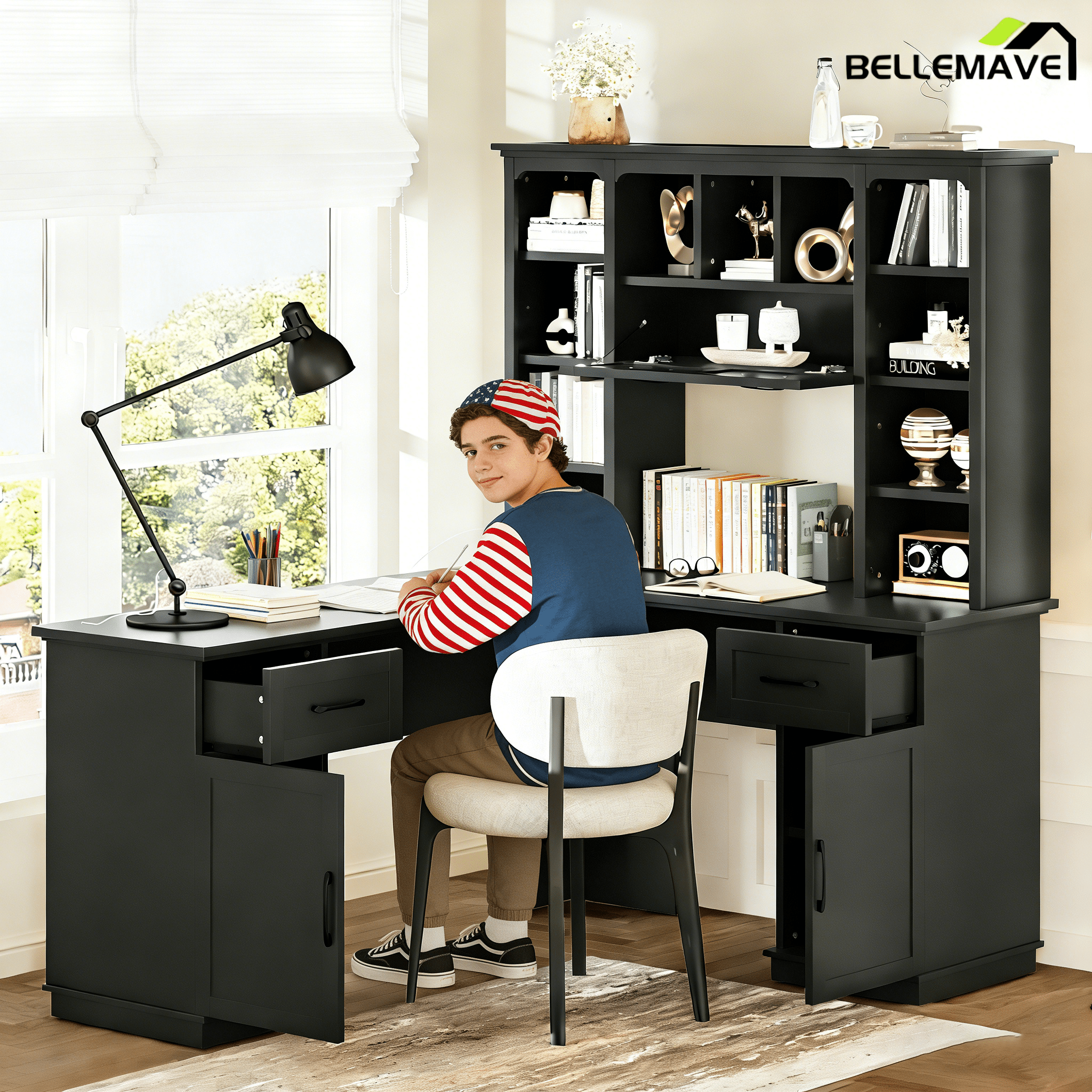 Bellemave® L Shaped Executive Desk, Farmhouse L Desk with USB, Home Office Table with Storage Cabinet and Shelf, Farmhouse Corner Table with Drawers,Black - Bellemave