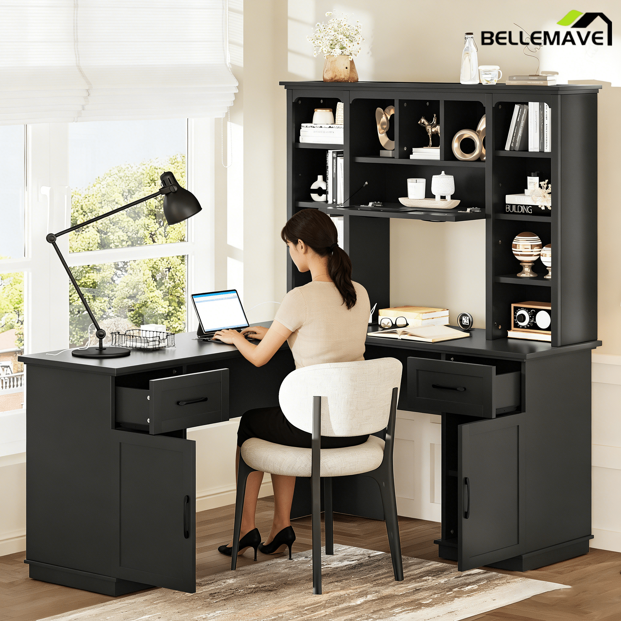 Bellemave® L Shaped Executive Desk, Farmhouse L Desk with USB, Home Office Table with Storage Cabinet and Shelf, Farmhouse Corner Table with Drawers,Black - Bellemave
