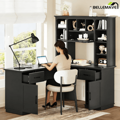 Bellemave® L Shaped Executive Desk, Farmhouse L Desk with USB, Home Office Table with Storage Cabinet and Shelf, Farmhouse Corner Table with Drawers,Black - Bellemave