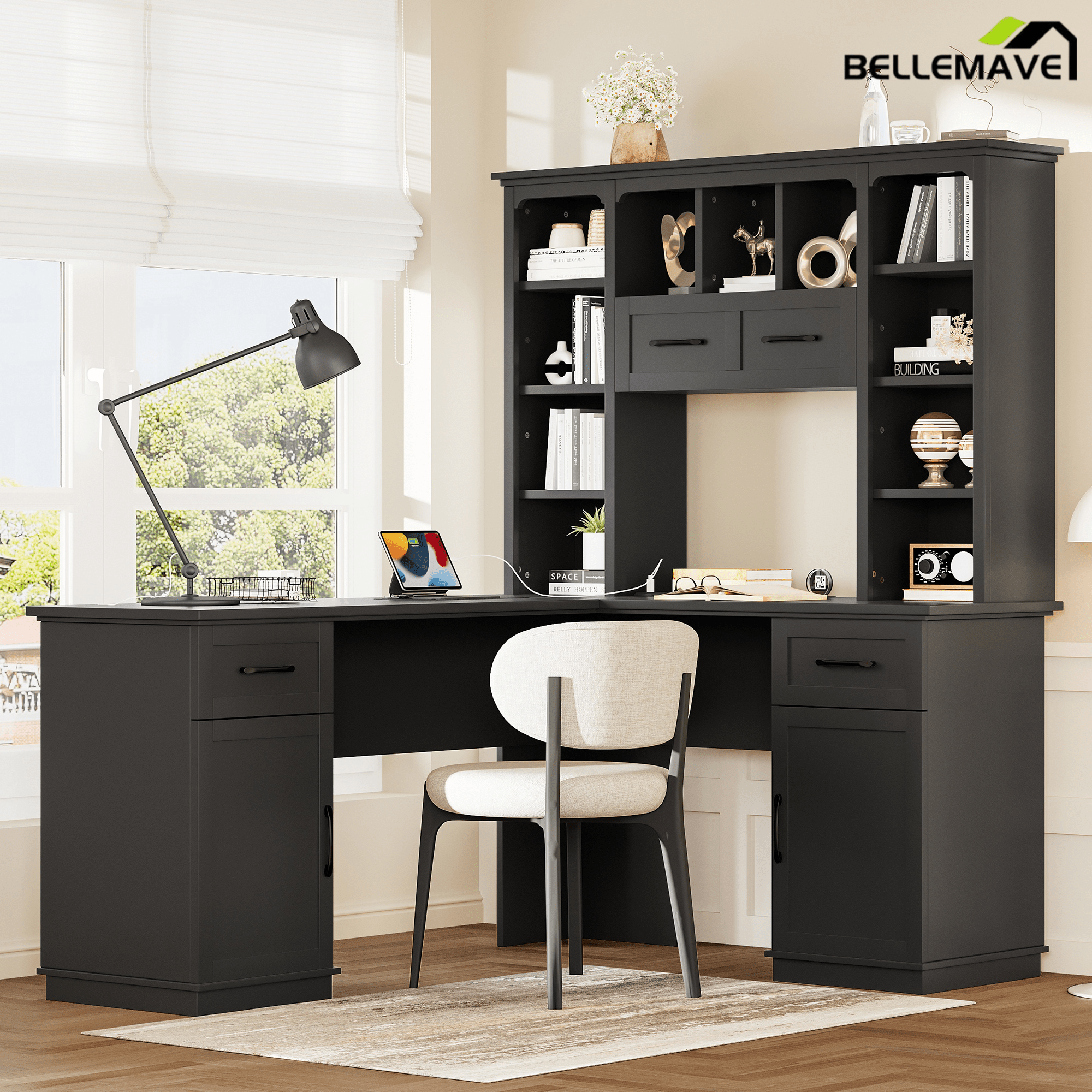 Bellemave® L Shaped Executive Desk, Farmhouse L Desk with USB, Home Office Table with Storage Cabinet and Shelf, Farmhouse Corner Table with Drawers,Black - Bellemave