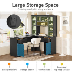 Bellemave® L Shaped Executive Desk, Farmhouse L Desk with USB, Home Office Table with Storage Cabinet and Shelf, Farmhouse Corner Table with Drawers,Black - Bellemave
