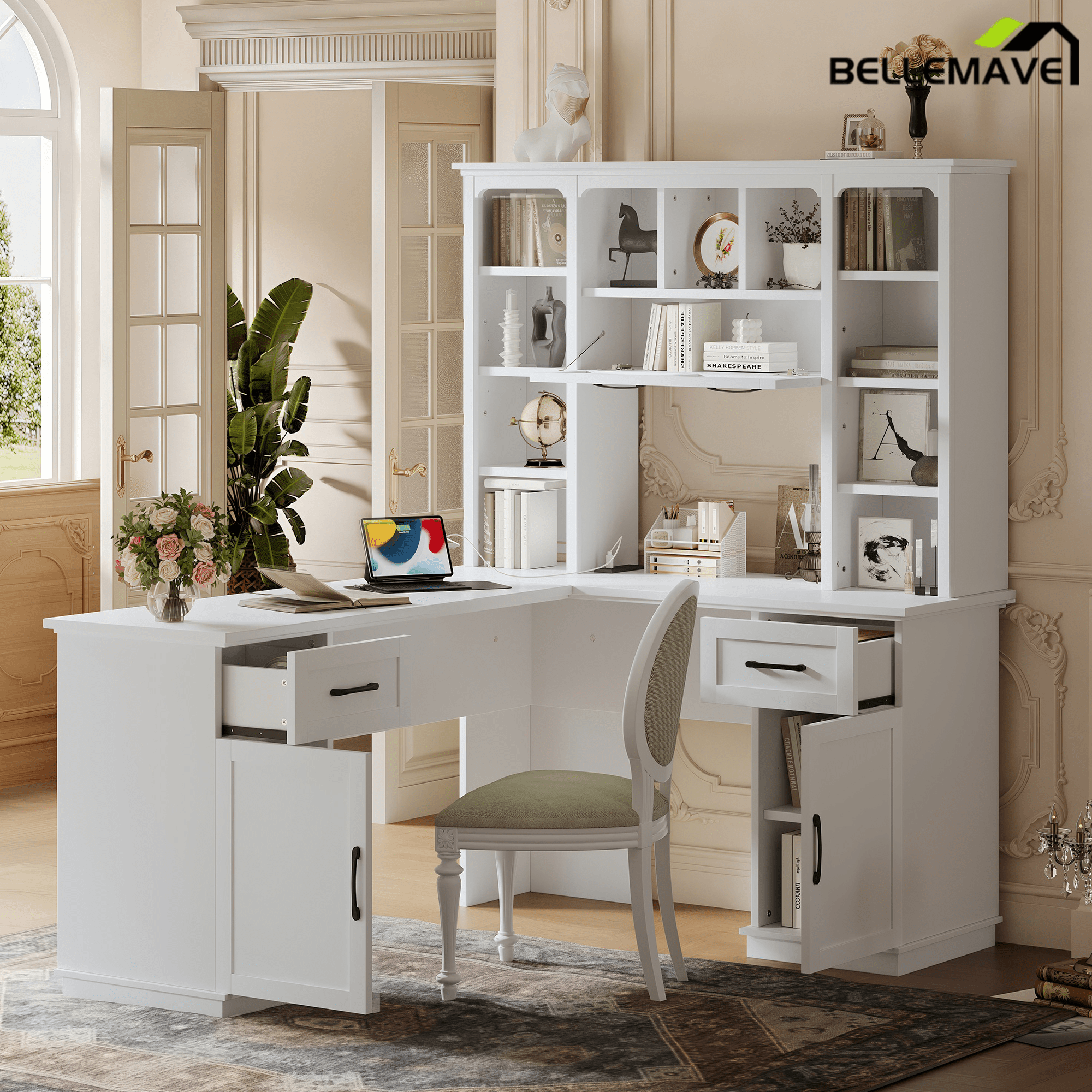 Bellemave® L Shaped Executive Desk, Farmhouse L Desk with USB, Home Office Table with Storage Cabinet and Shelf, Farmhouse Corner Table with Drawers,Black - Bellemave