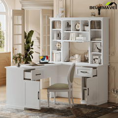 Bellemave® L Shaped Executive Desk, Farmhouse L Desk with USB, Home Office Table with Storage Cabinet and Shelf, Farmhouse Corner Table with Drawers,Black - Bellemave