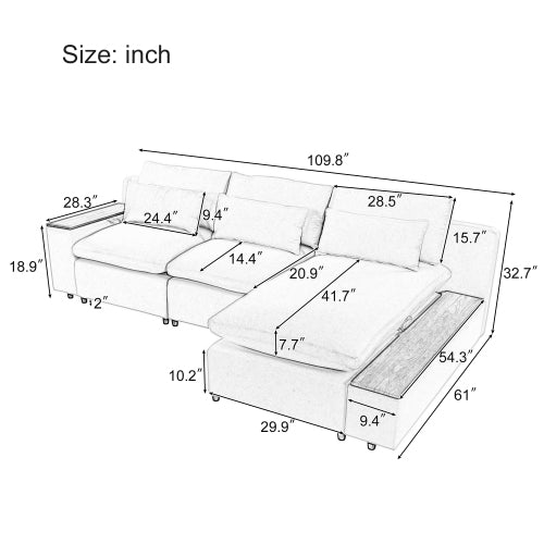 Bellemave® L - shaped Modular Sectional Sofa with Removable Back Cushions,3 Pillows and 2 Storage Spaces - Bellemave