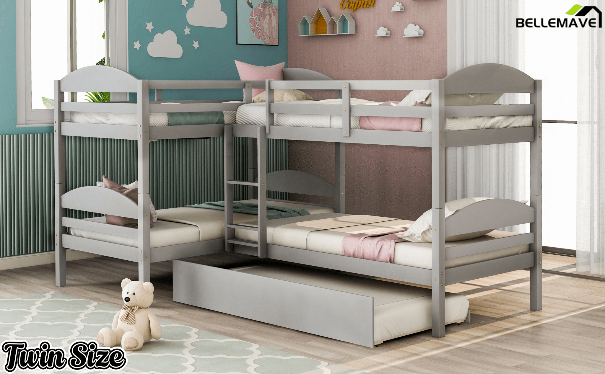 Bellemave® L - Shaped Quad Bunk Bed with Trundle, Twin Over Twin, Gray, 4 Beds - Bellemave