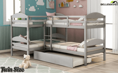 Bellemave® L - Shaped Quad Bunk Bed with Trundle, Twin Over Twin, Gray, 4 Beds - Bellemave