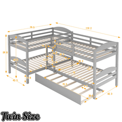 Bellemave® L - Shaped Quad Bunk Bed with Trundle, Twin Over Twin, Gray, 4 Beds - Bellemave