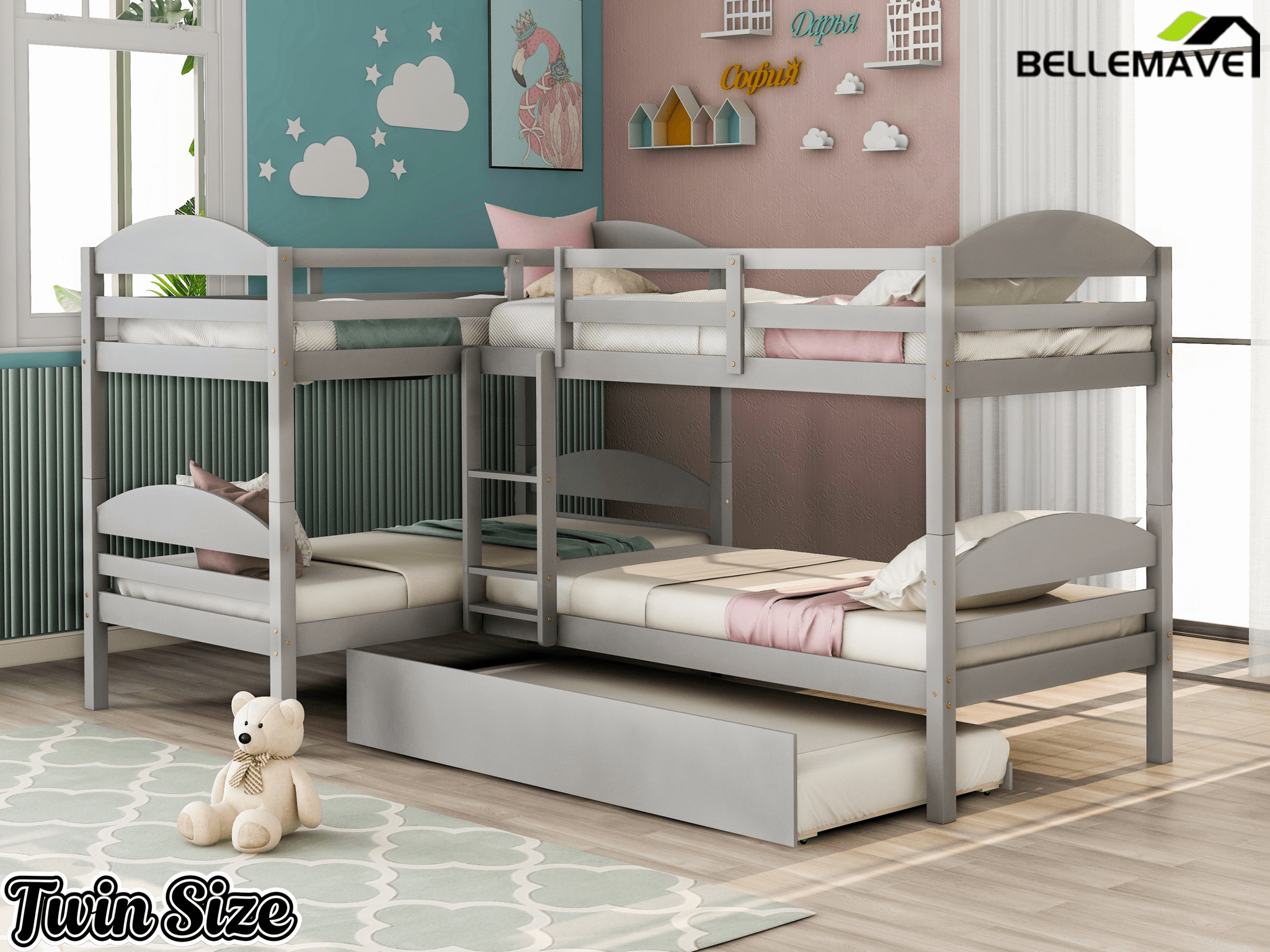 Bellemave® L - Shaped Quad Bunk Bed with Trundle, Twin Over Twin, Gray, 4 Beds - Bellemave
