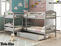 Bellemave® L - Shaped Quad Bunk Bed with Trundle, Twin Over Twin, Gray, 4 Beds - Bellemave
