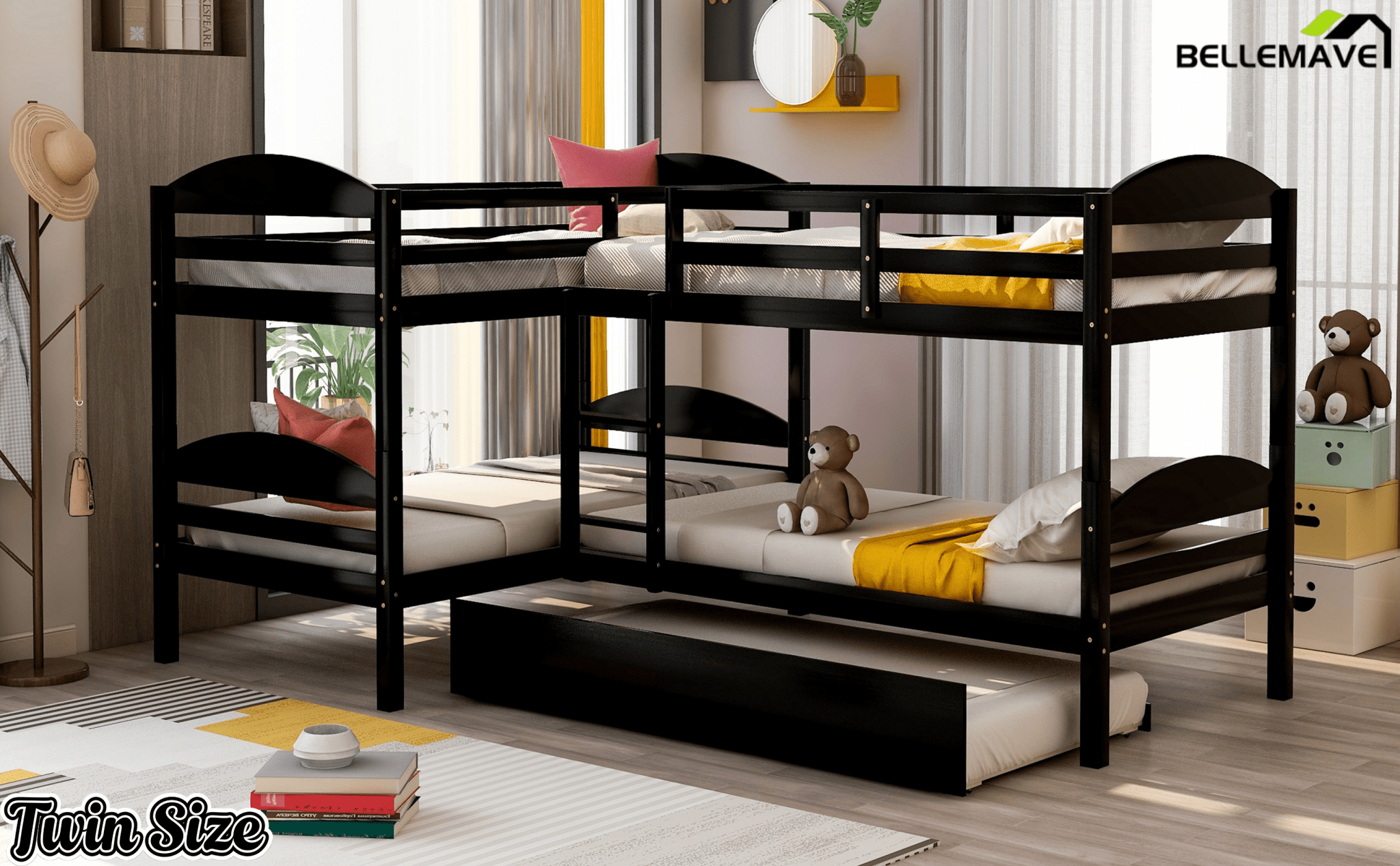 Bellemave® L - Shaped Quad Bunk Bed with Trundle, Twin Over Twin, Gray, 4 Beds - Bellemave