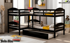 Bellemave® L - Shaped Quad Bunk Bed with Trundle, Twin Over Twin, Gray, 4 Beds - Bellemave