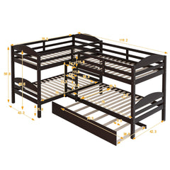 Bellemave® L - Shaped Quad Bunk Bed with Trundle, Twin Over Twin, Gray, 4 Beds - Bellemave
